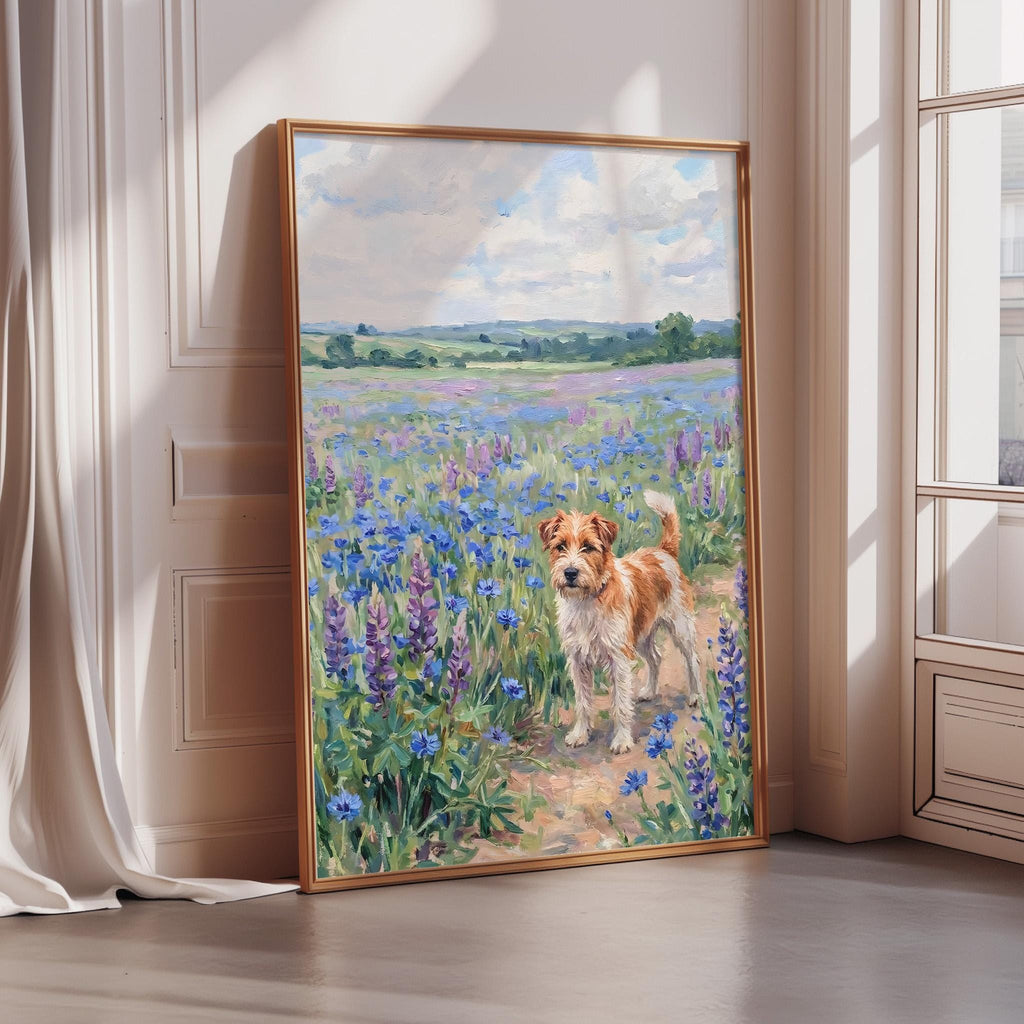 A framed painting depicting a dog standing in a field of blue flowers, with a cloudy sky in the background.