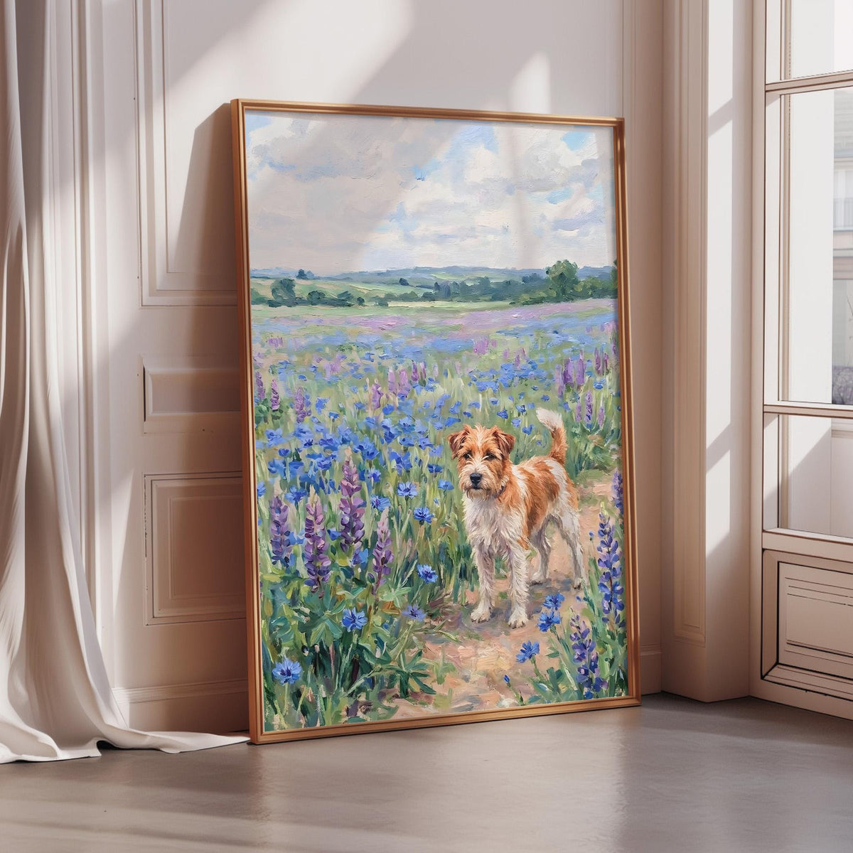 A framed painting depicting a dog standing in a field of blue flowers, with a cloudy sky in the background.