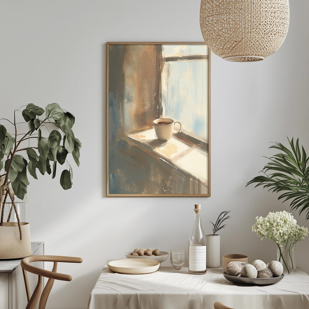 a cozy and inviting dining area with a table set for two, featuring a white tablecloth, plates, bowls, and a vase of flowers. A framed painting of a cup of coffee on a windowsill hangs above the table, adding a touch of warmth and charm to the space.