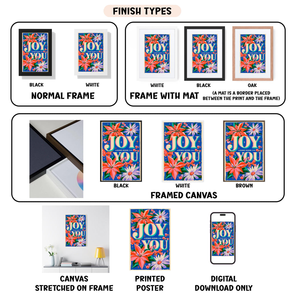 various images of framed artworks, including a framed canvas, a printed poster, and a digital download. The artworks feature different finishes, such as black, white, and brown, as well as different mat placements, such as a mat placed between the print and the frame. The artworks also display the phrase "Joy You" in different styles and colors.