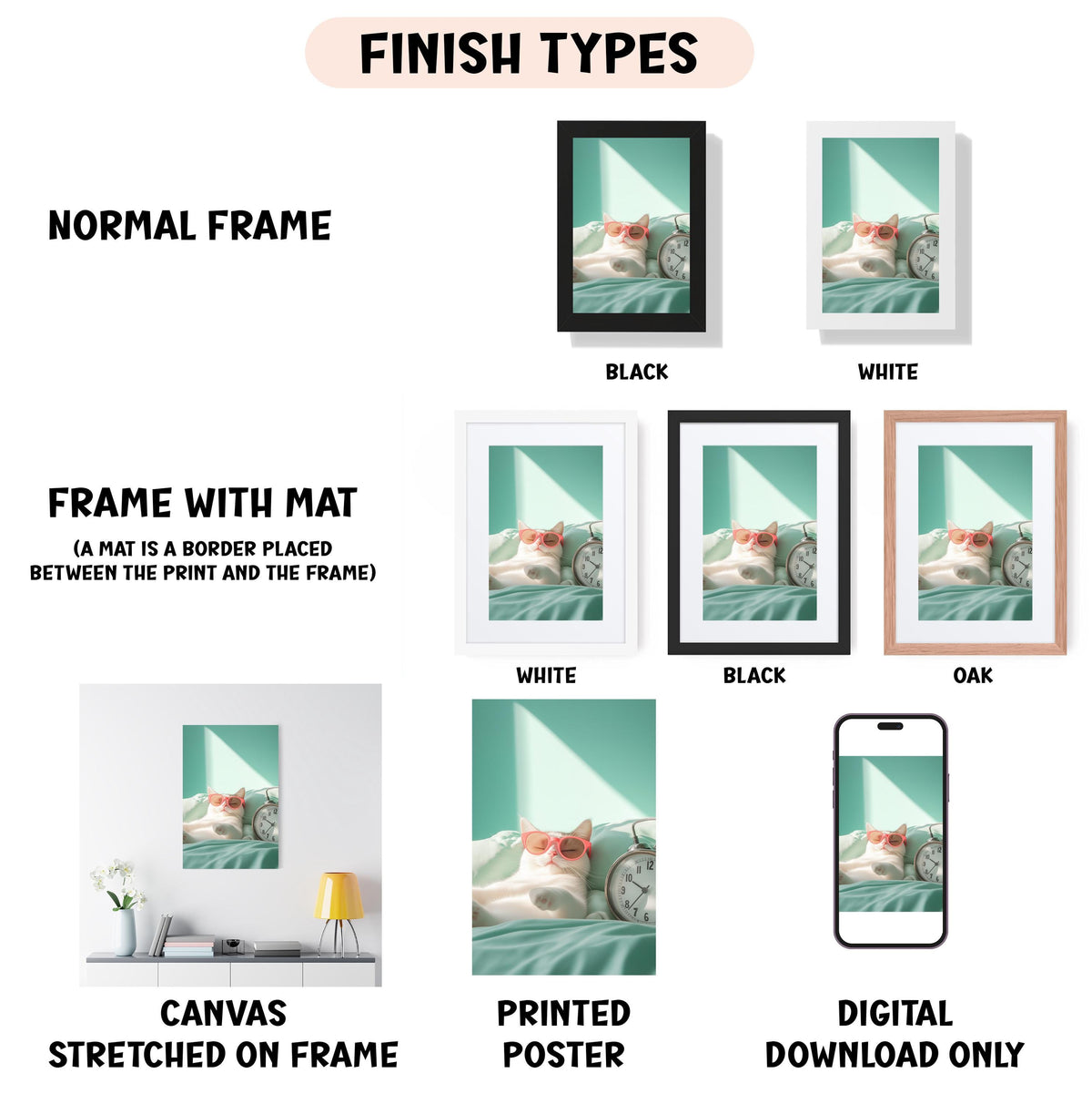various types of framed artwork, including a normal frame, a frame with a mat, and different colored frames. It also includes a canvas stretched on a frame, a printed poster, and a digital download only.