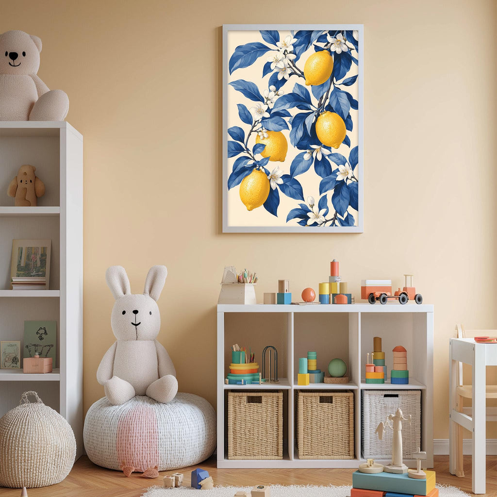 A cozy children's room with a white bookshelf, a plush rabbit, and a colorful toy box filled with toys. A framed print of a lemon tree with yellow lemons and blue leaves hangs on the wall above the bookshelf.
