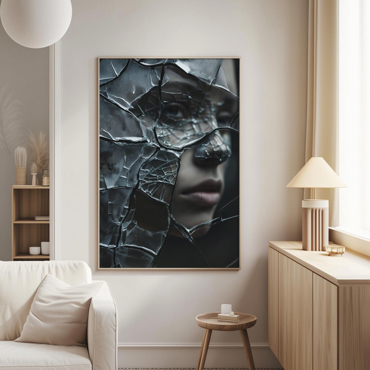 a large, dark-toned painting of a woman's face with a cracked, broken mask covering her eyes and nose, hanging on a wall in a living room setting.