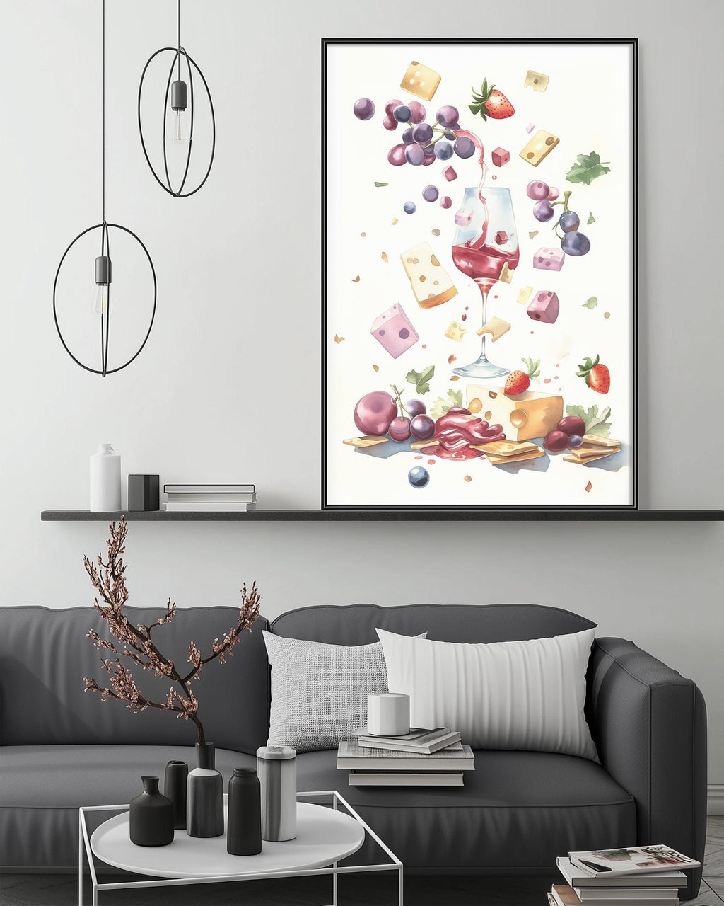 a cozy living room with a gray sofa, a coffee table, and a framed print of fruits and cheese on the wall above it.