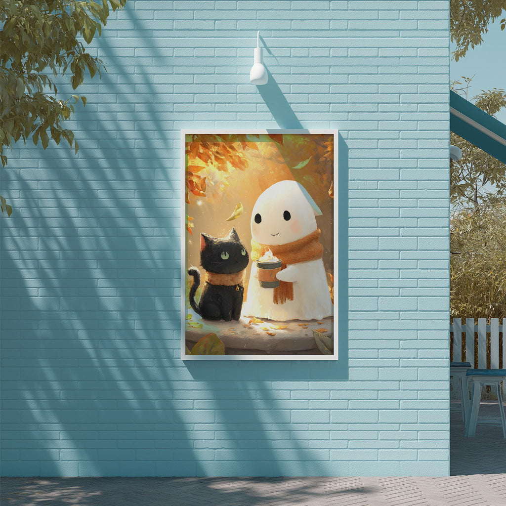 a whimsical scene of a ghost and a black cat, both sitting on a brick wall. The ghost is holding a bowl of food, while the cat is sitting next to it. The background of the image is filled with autumn leaves, creating a cozy and festive atmosphere.
