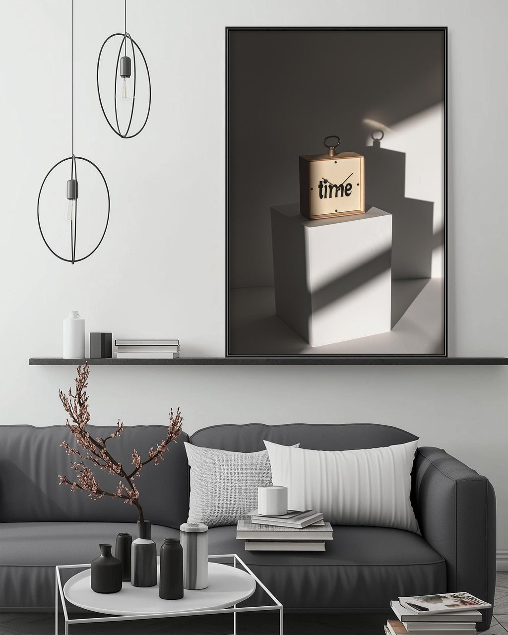 a modern living room with a gray sofa, a coffee table, and a large framed artwork depicting a clock with the word "time" on it. The room has a minimalist and contemporary design, with a black and white color scheme and a few decorative elements such as a potted plant and a vase.