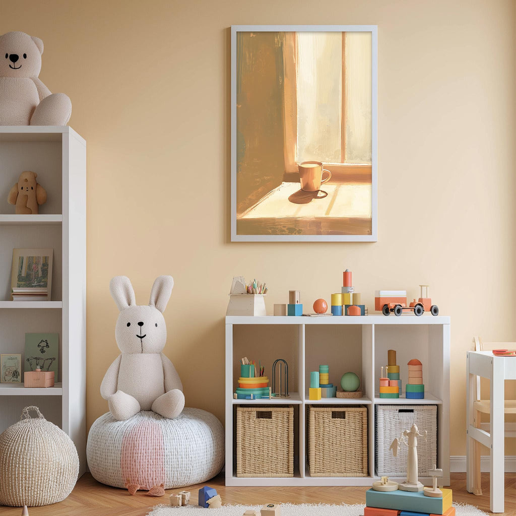 A cozy and colorful children's bedroom with a large stuffed bunny, a bookshelf, and a toy chest filled with toys. The room has a warm and inviting atmosphere, with a framed picture of a window and a cup on the shelf.