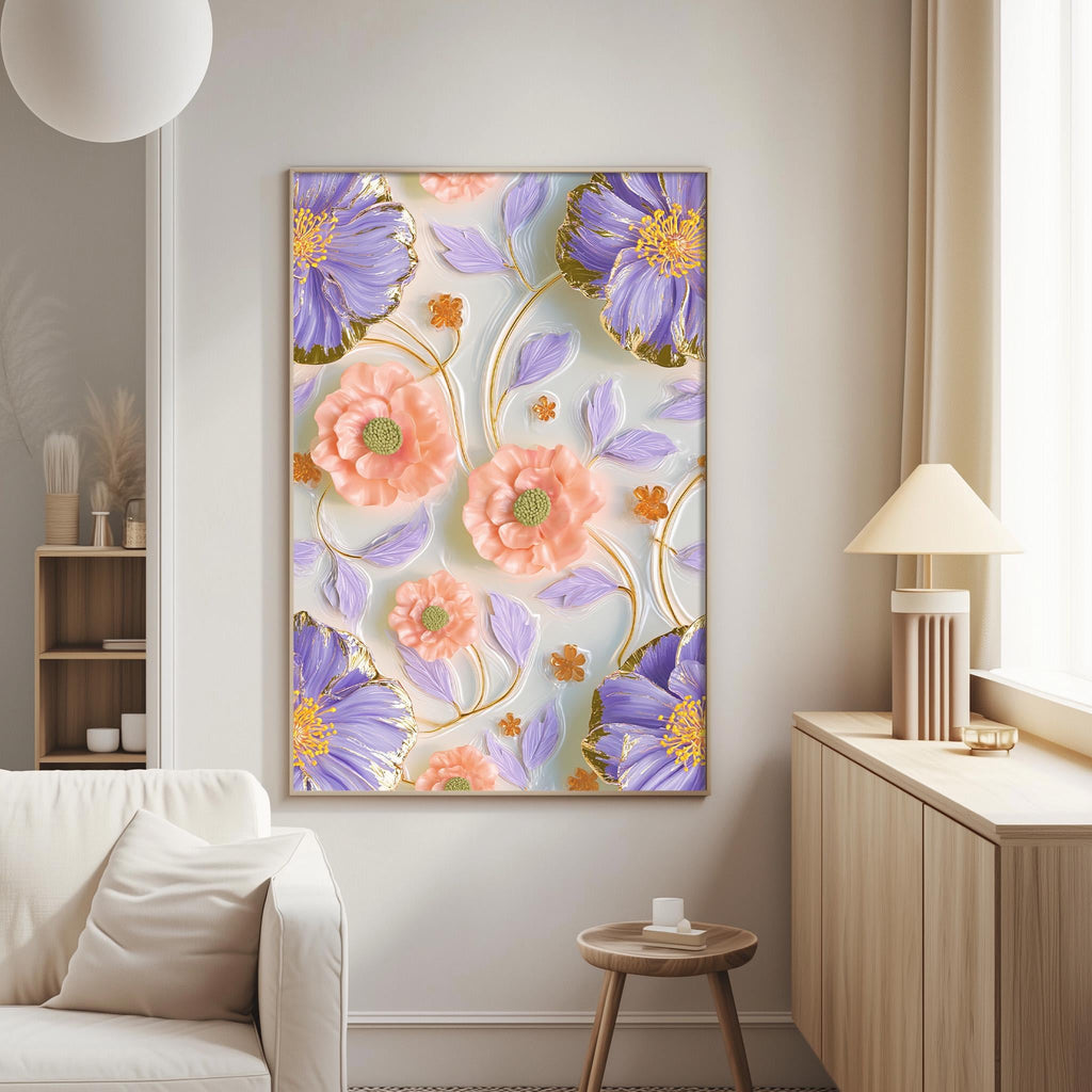 a living room with a large floral print hanging on the wall, depicting a vibrant and colorful arrangement of purple and orange flowers. The print is framed and placed above a white couch, creating a visually appealing focal point in the room.