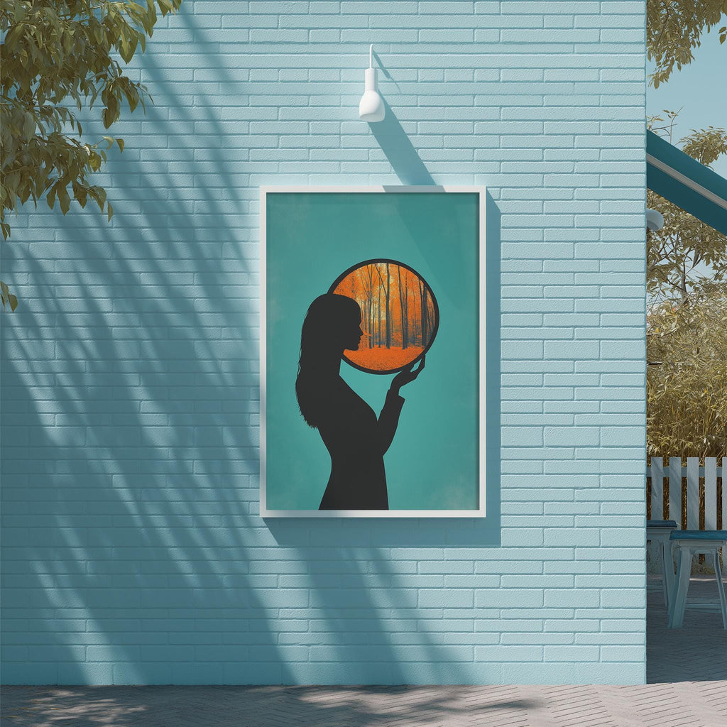 a blue brick wall with a framed picture of a woman holding a mirror, which is mounted on the wall.