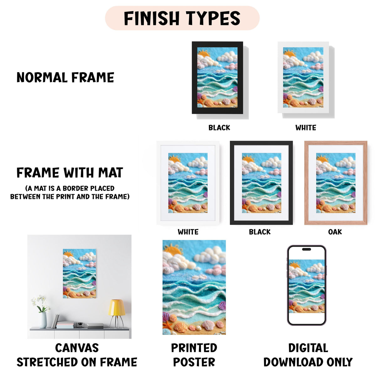 various types of artwork, including a canvas stretched on a frame, a framed poster, and a digital poster. The artwork is presented in different frame colors, such as black, white, and orange. The image also includes a description of the artwork, including the words "NORMAL FRAME", "FRAME WITH MAT (A MAT IS A BORDER PLACED BETWEEN THE PRINT AND THE FRAME)", and "DIGITAL DOWNLOAD ONLY".