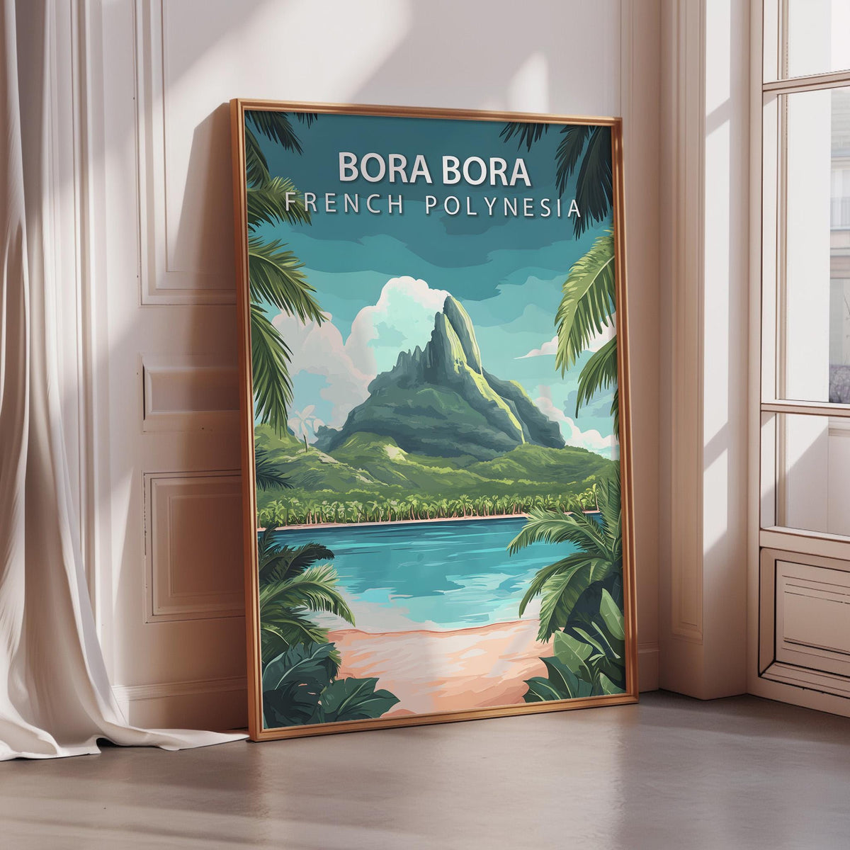 A framed poster depicting a tropical island landscape with palm trees, a mountain, and a body of water.