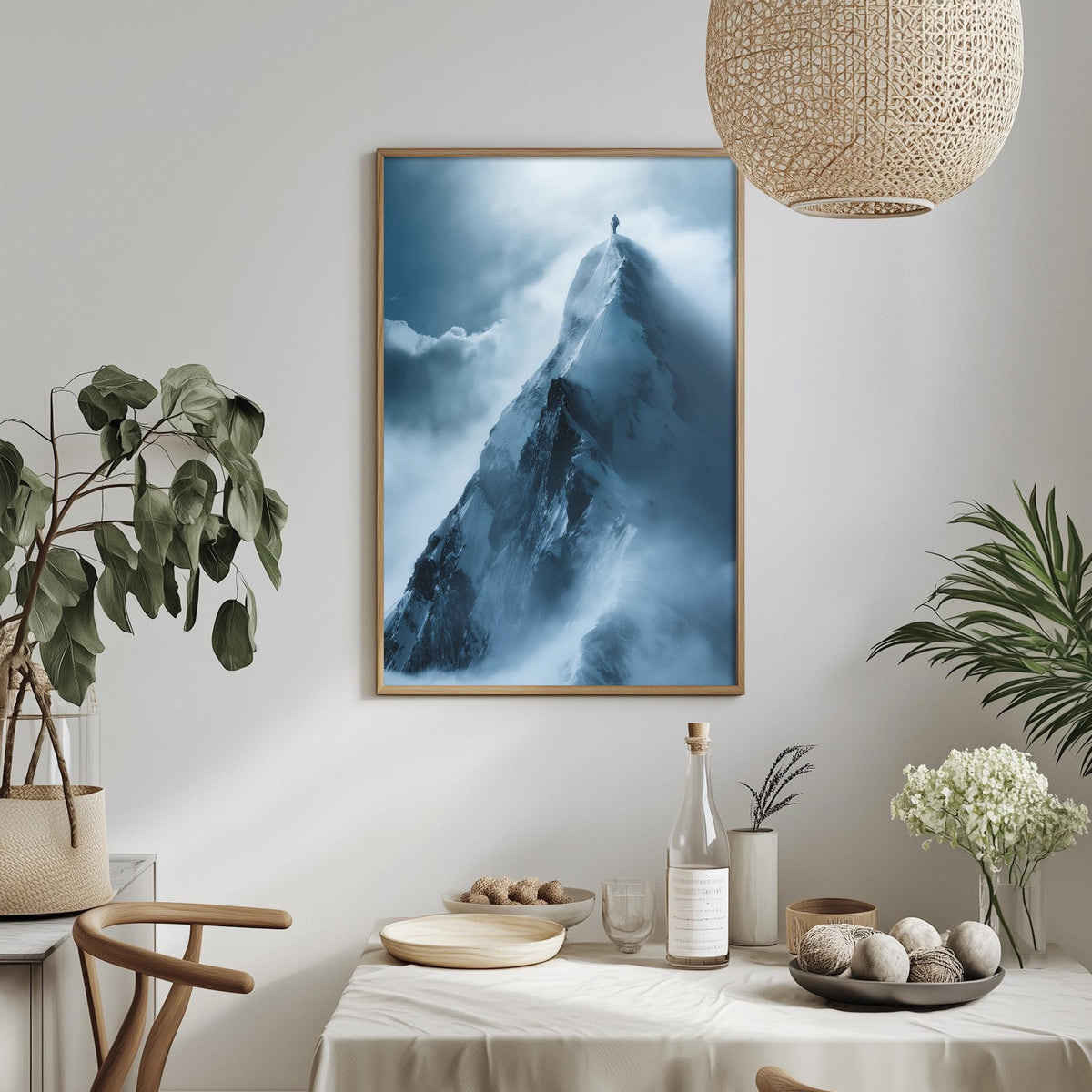 a dining table with a white tablecloth, a bowl of fruit, a bottle, and a vase with flowers. Above the table, there is a framed picture of a mountain with a person standing on top.