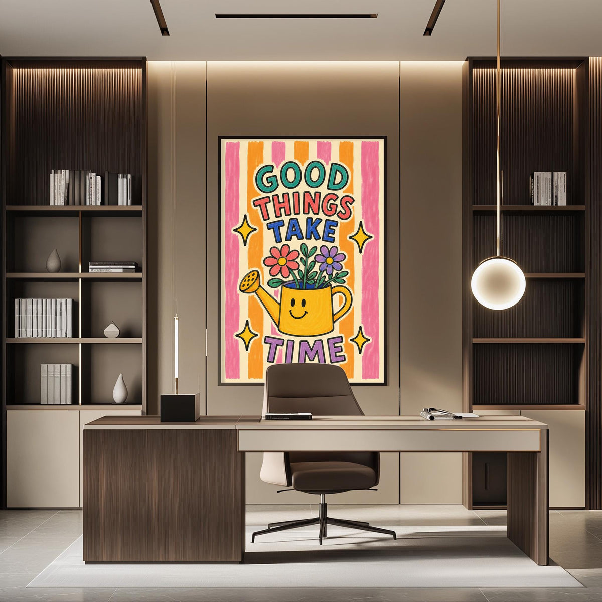 a modern office space with a large framed poster on the wall that says "GOOD THINGS TAKE TIME". The poster has a cheerful illustration of a watering can with flowers. The office has a wooden desk and chair, and there are bookshelves on either side of the desk.