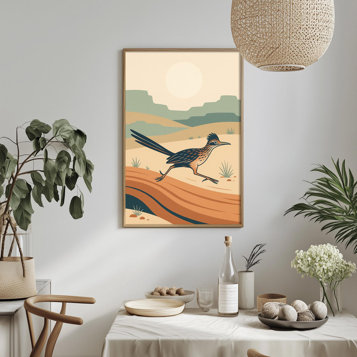 a framed illustration of a bird in a desert landscape, hanging on a wall above a dining table with various decorative items and plants.