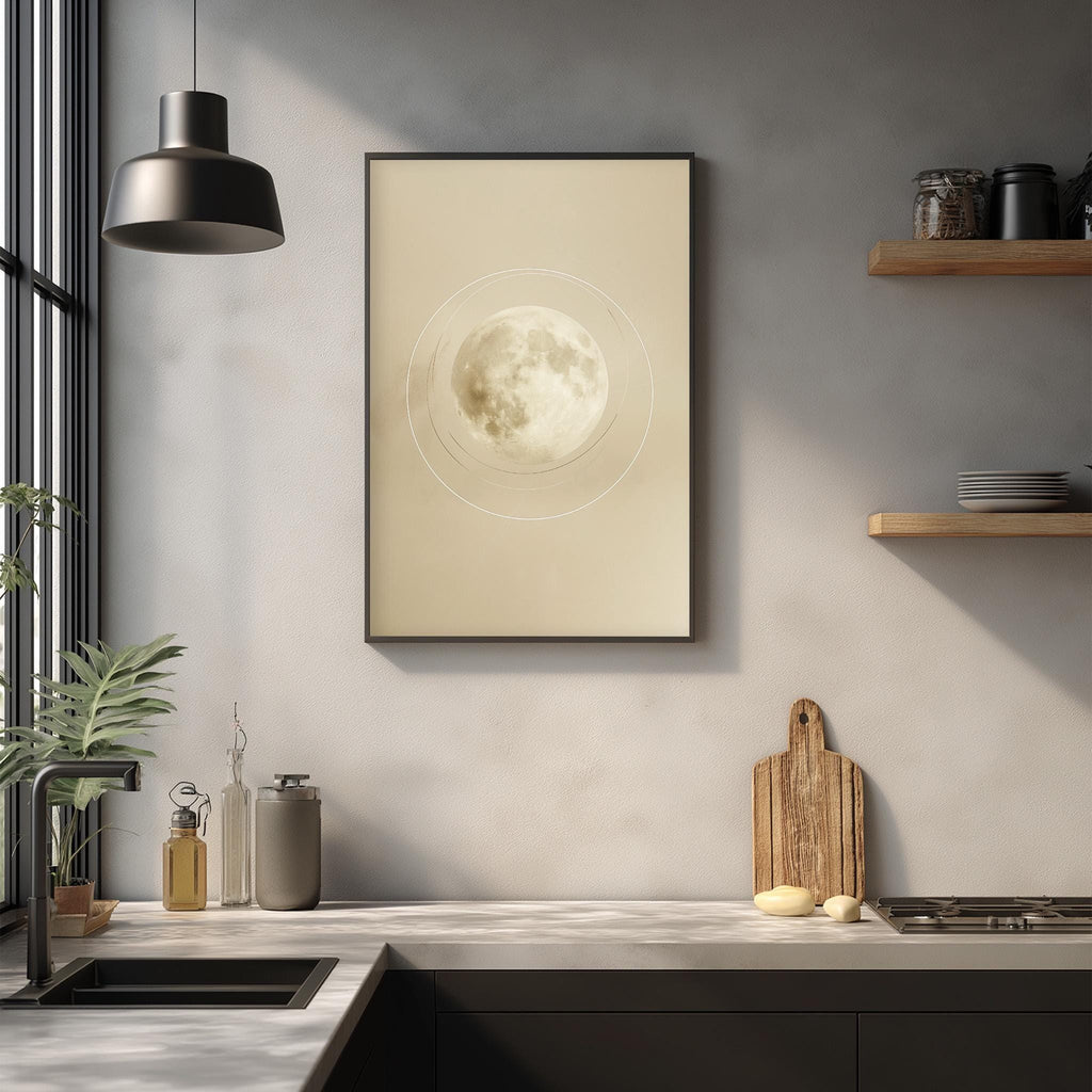 a modern kitchen with a large framed picture of a full moon hanging on the wall above a wooden cutting board and a sink.