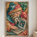 a large tapestry hanging on a wall in a living room, depicting a bearded man holding a laptop.