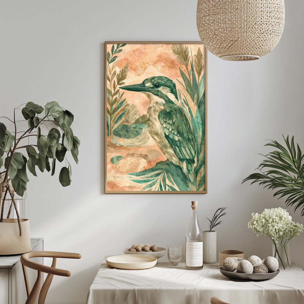a dining table with a white tablecloth, a bowl of fruit, a bottle, and a vase with flowers. Above the table, there is a framed painting of a bird, and a hanging light fixture is visible in the background.