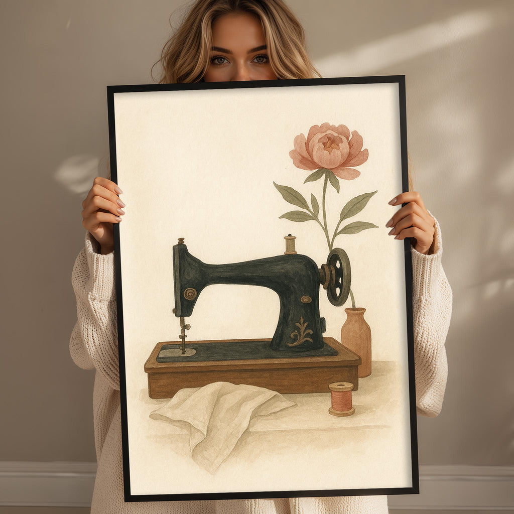 A woman holds a framed print featuring an illustration of a sewing machine with a pink flower on the side.