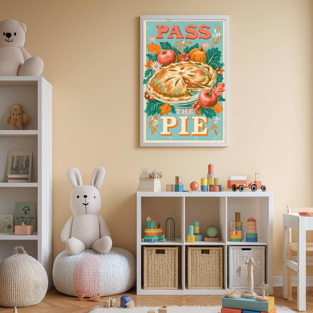 A child's bedroom with a stuffed rabbit, a bookshelf, and a colorful poster on the wall that says "Pass the Pie".