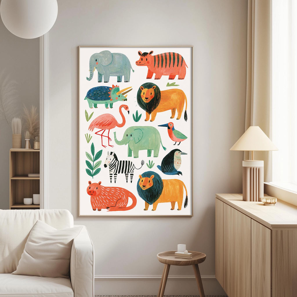 a vibrant and colorful poster of various animals, including elephants, lions, zebras, and birds, displayed on a wall in a living room setting.