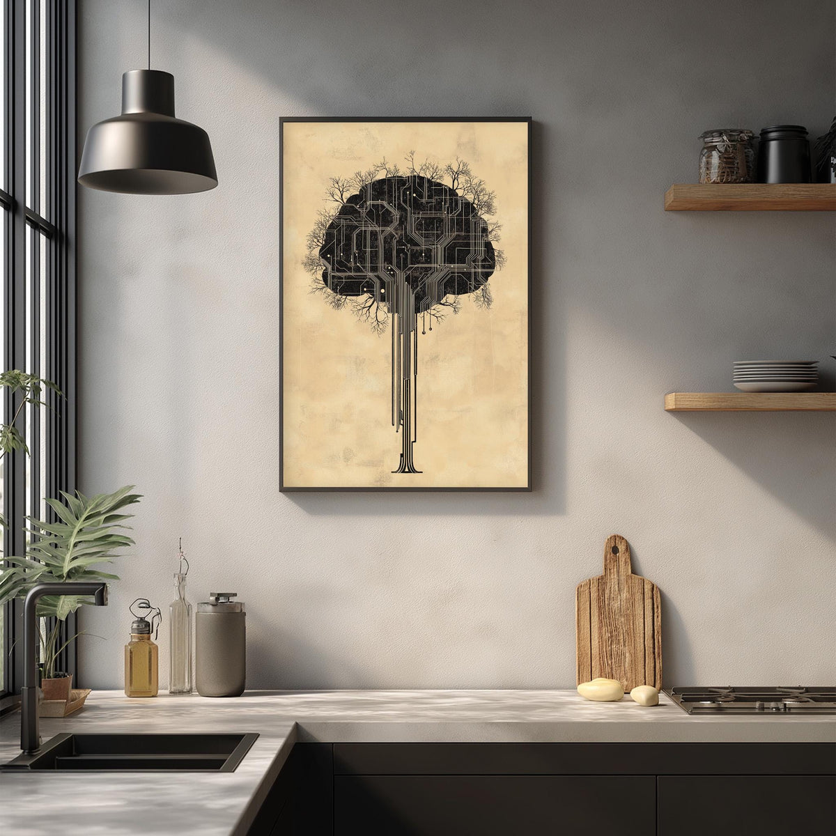 a kitchen counter with various kitchen items, including a cutting board, a plant, and a framed artwork depicting a tree.