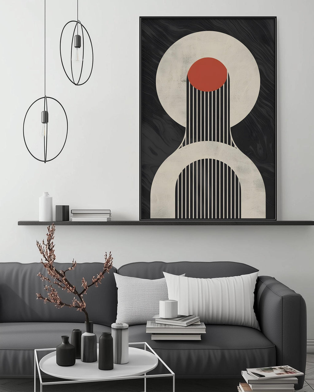 a modern living room with a gray sofa, a coffee table, and a large abstract artwork hanging on the wall above the sofa.