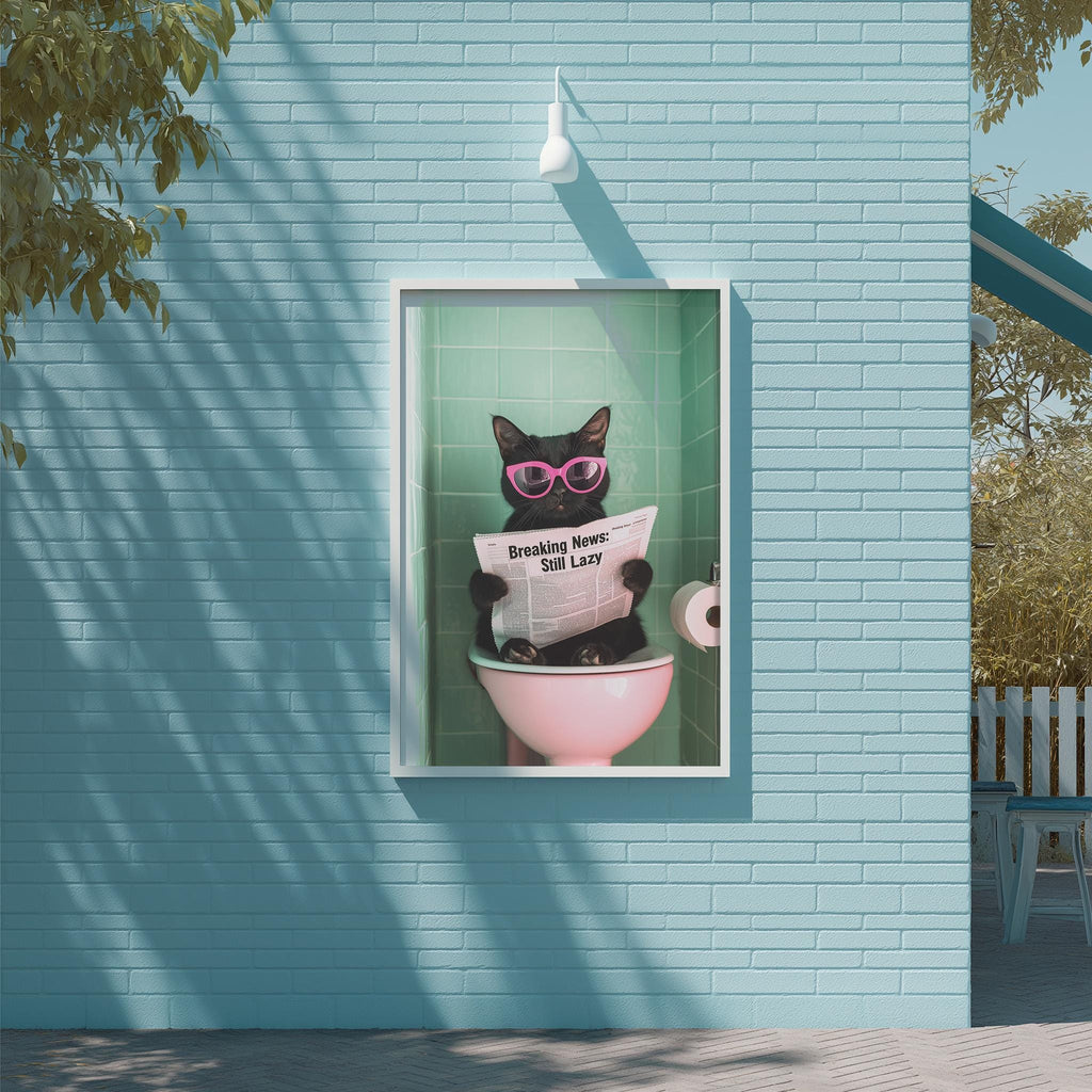 A black cat wearing pink sunglasses is sitting on a pink toilet bowl, reading a newspaper with the headline "BREAKING NEWS: ST. LUCY".