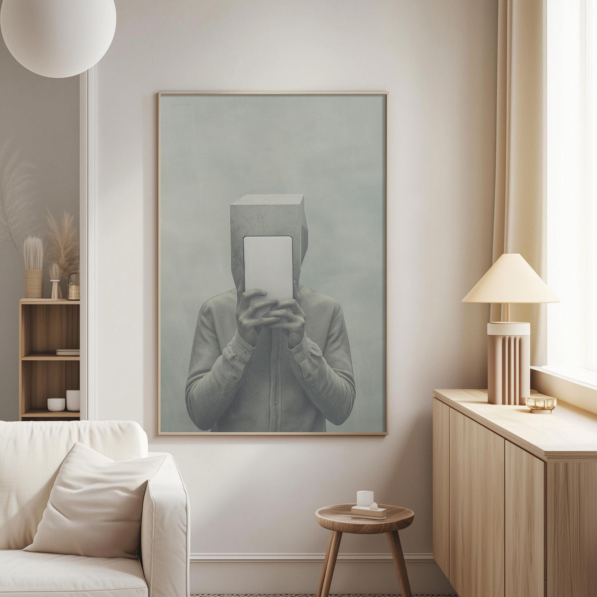 a minimalist living room with a large framed artwork of a person holding a box in front of their face, hanging on the wall.
