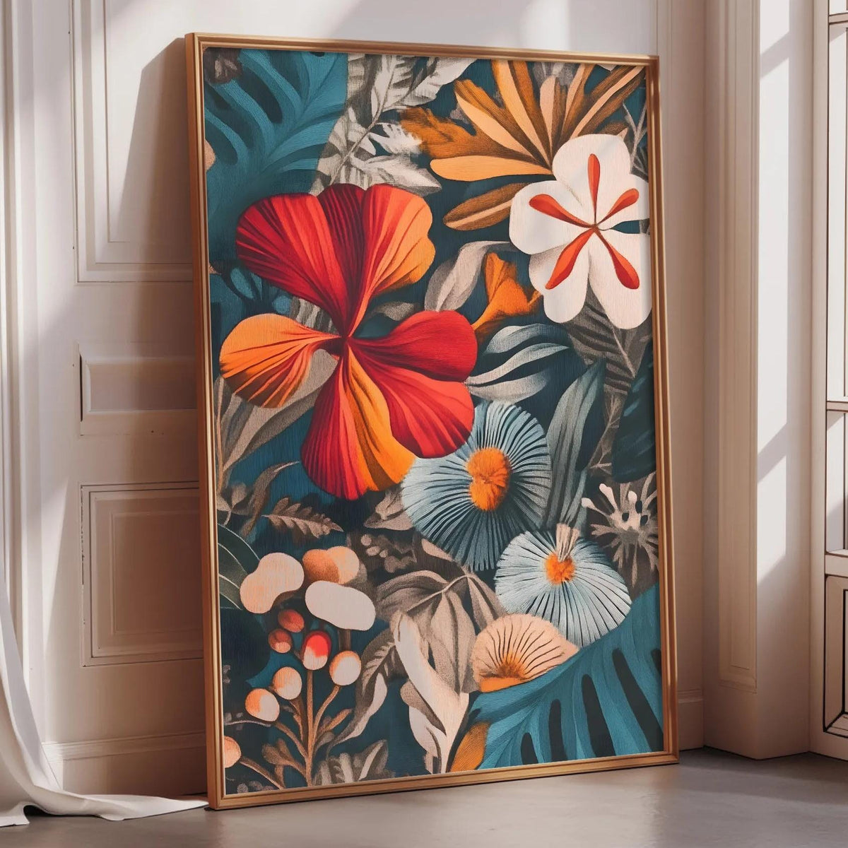 a large, colorful painting of tropical flowers and leaves, displayed on a wall in a room with a window.