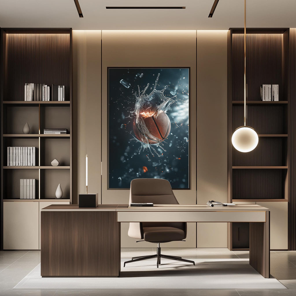 a modern office space with a large basketball-themed artwork hanging on the wall behind a desk. The desk has a chair and a lamp, and there are several bookshelves on either side of the desk.