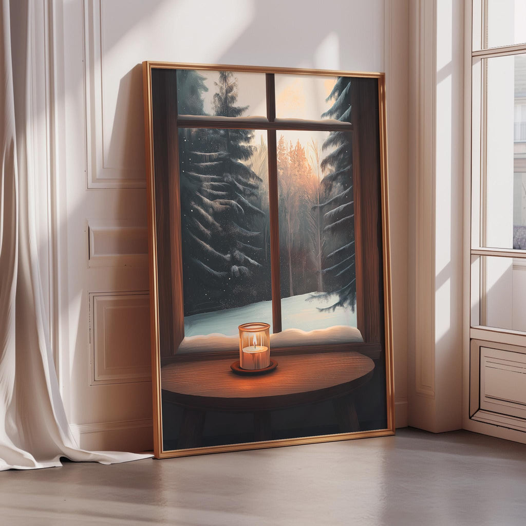 A framed painting depicting a serene winter scene with a candle on a table in front of a window overlooking a snowy landscape.
