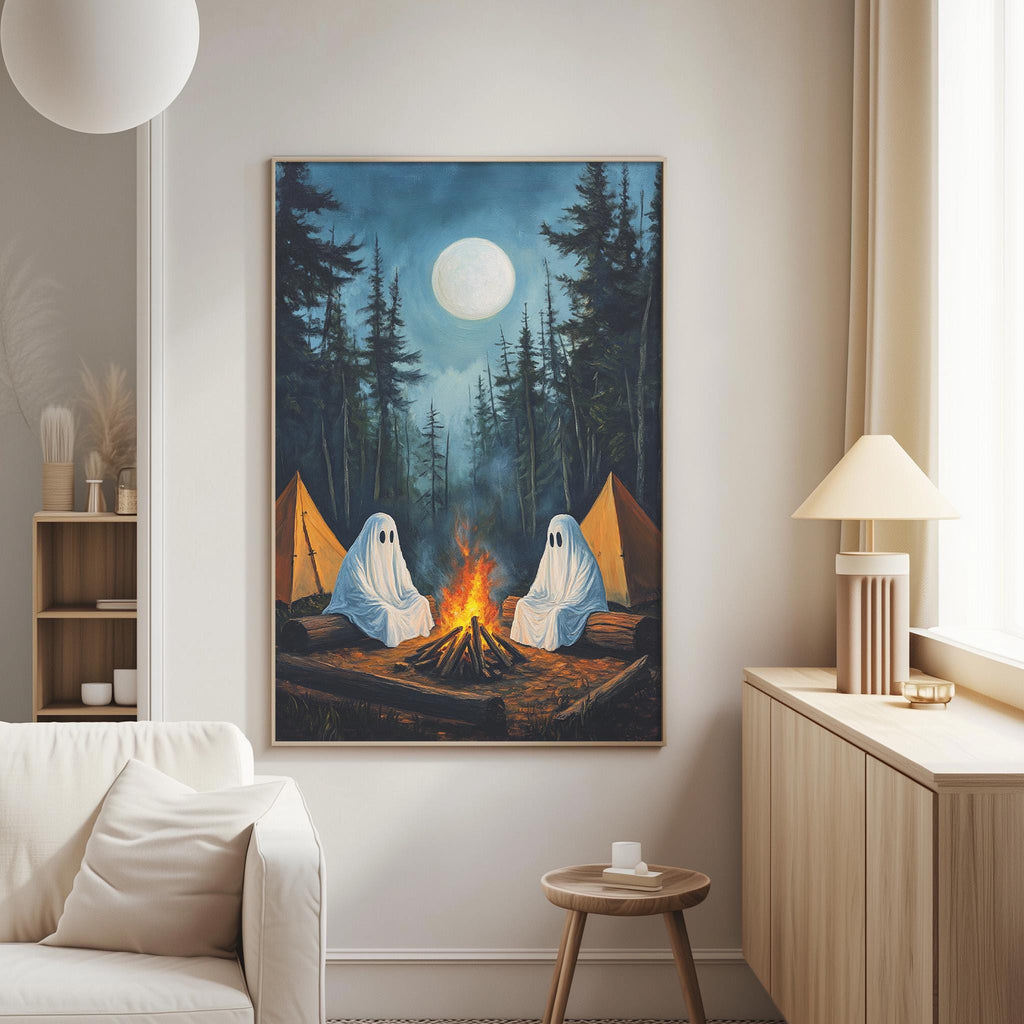 a cozy living room with a large painting of a ghostly campfire and two ghostly figures sitting by the campfire, surrounded by a forest setting.