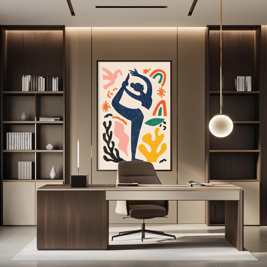 a modern office space with a large abstract painting on the wall behind a desk. The desk has a laptop and a chair, and there are several bookshelves on either side of the desk. The overall design of the space is contemporary and minimalist, with a focus on clean lines and a neutral color palette.