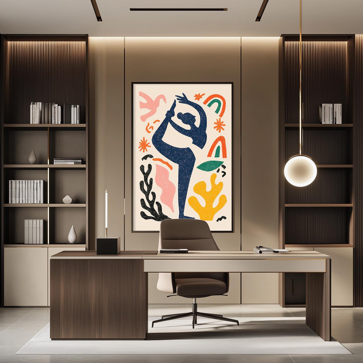 a modern office space with a large abstract painting on the wall behind a desk. The desk has a laptop and a chair, and there are several bookshelves on either side of the desk. The overall design of the space is contemporary and minimalist, with a focus on clean lines and a neutral color palette.