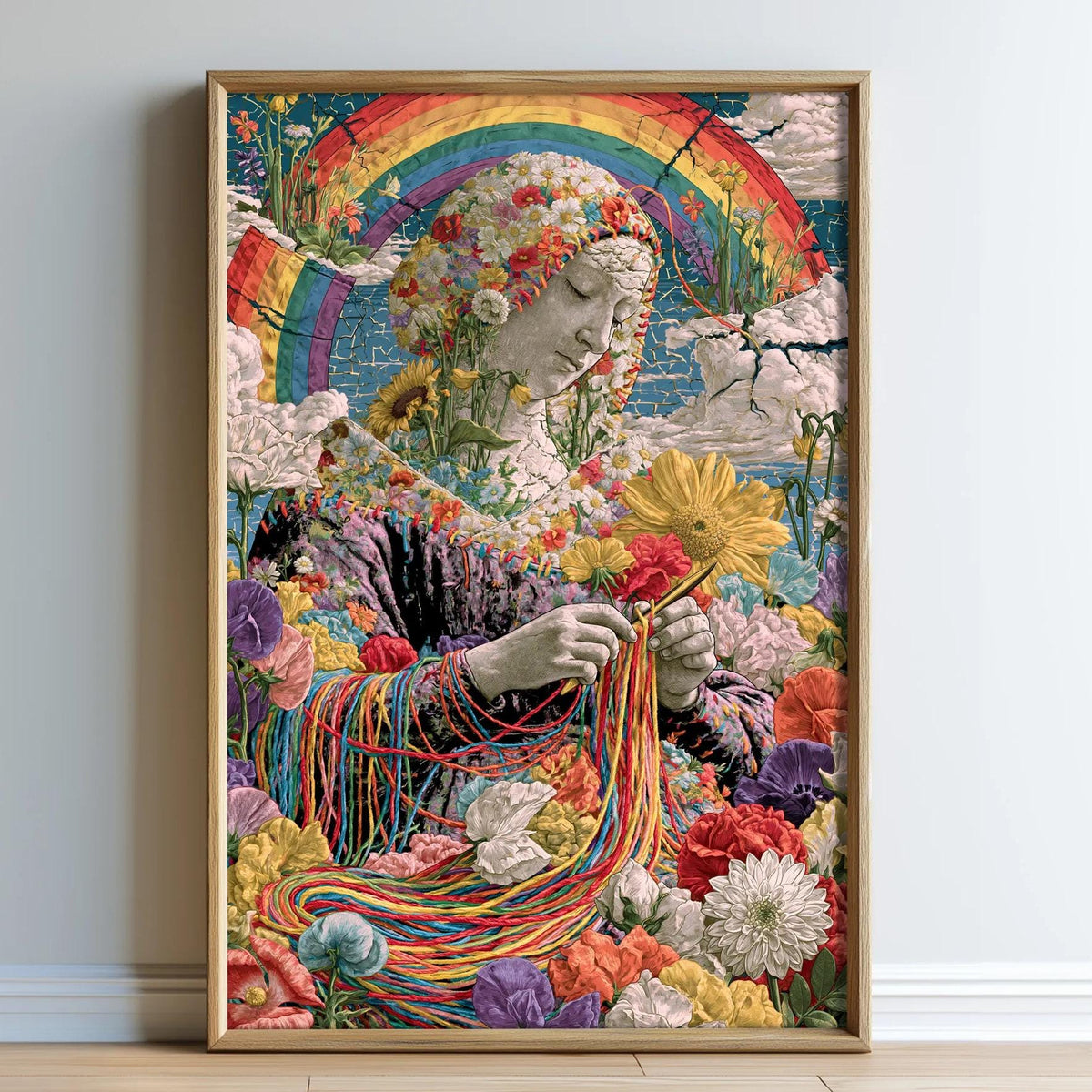 The image is a vibrant and colorful painting depicting a woman surrounded by a multitude of flowers and a rainbow.