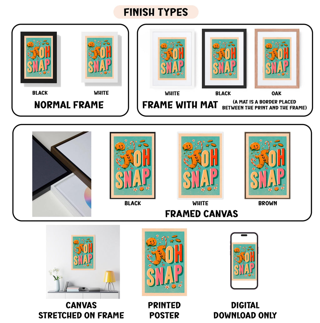 various finish types for a framed artwork, including a normal frame, a frame with a mat, a black frame, a white frame, a black frame, a white framed canvas, a brown framed canvas, a stretched canvas, a printed poster, and a digital download only.