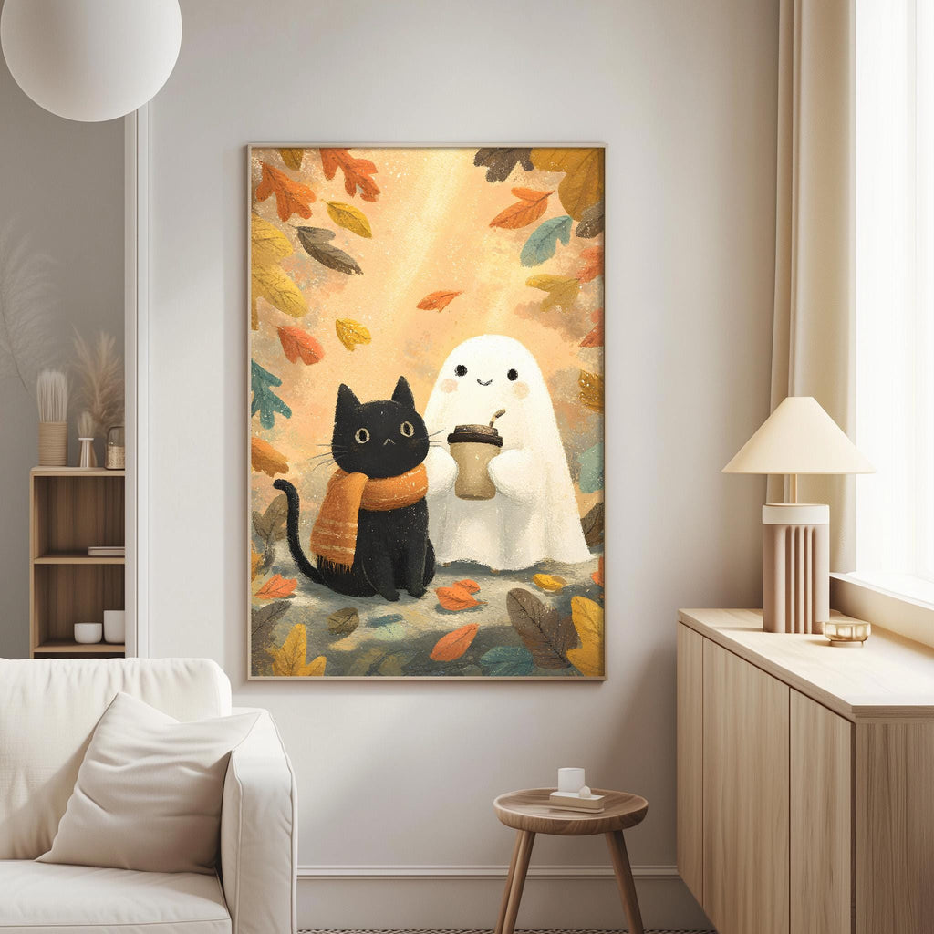 a cozy living room with a large framed picture hanging on the wall depicting a black cat and a ghost, both holding a cup of coffee.