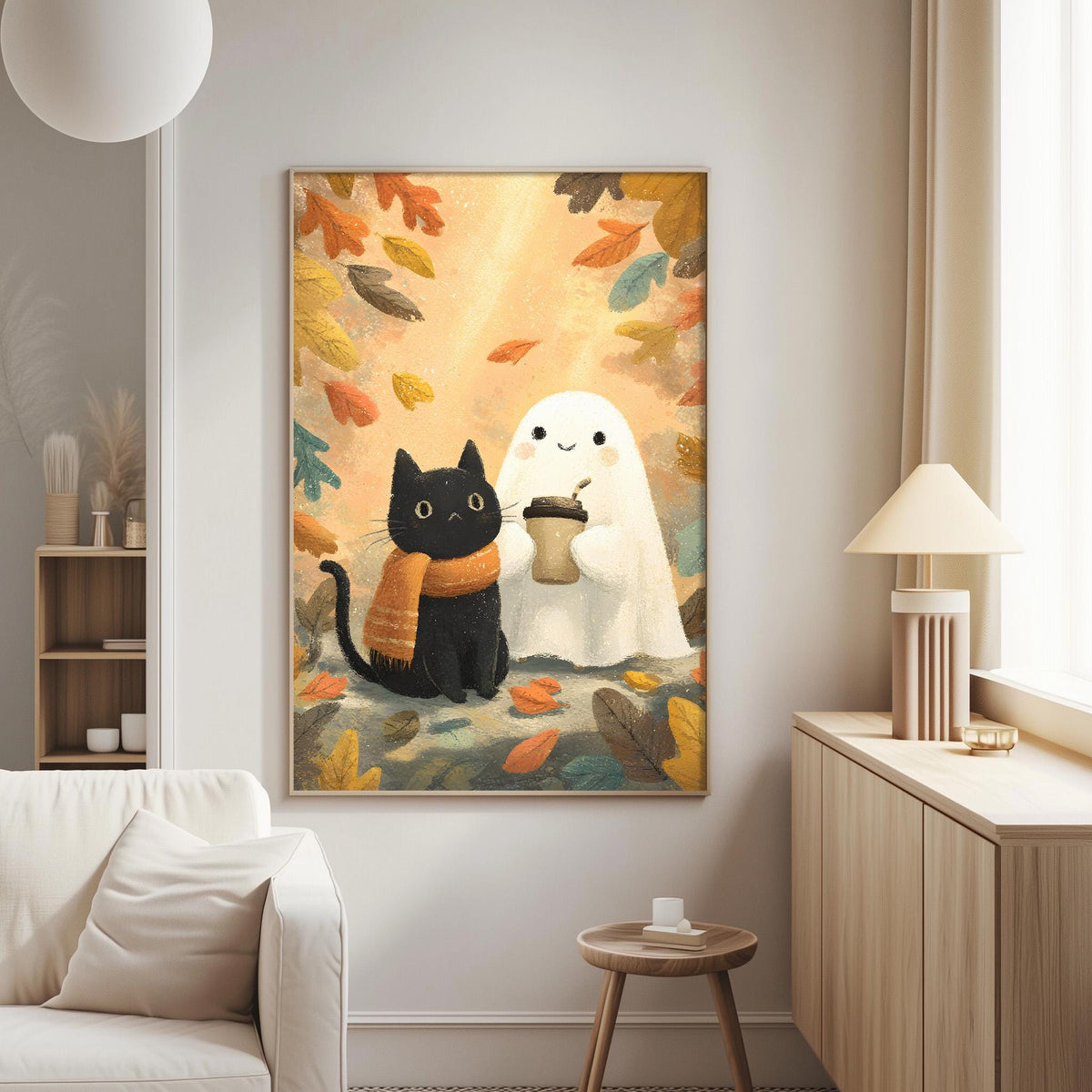 a cozy living room with a large framed picture hanging on the wall depicting a black cat and a ghost, both holding a cup of coffee.