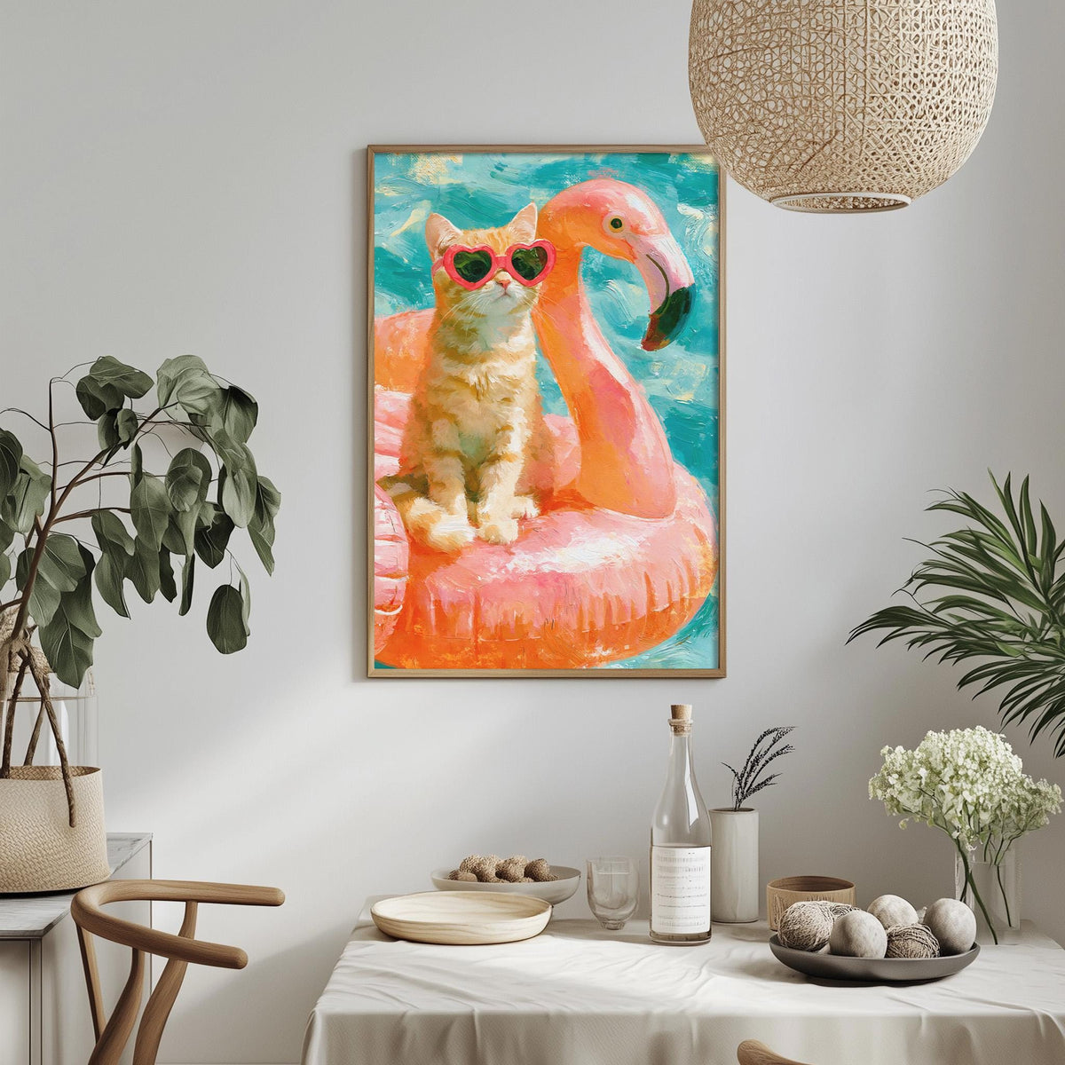 a framed painting of a cat sitting on a pink flamingo floating in the air, with a beach scene in the background.