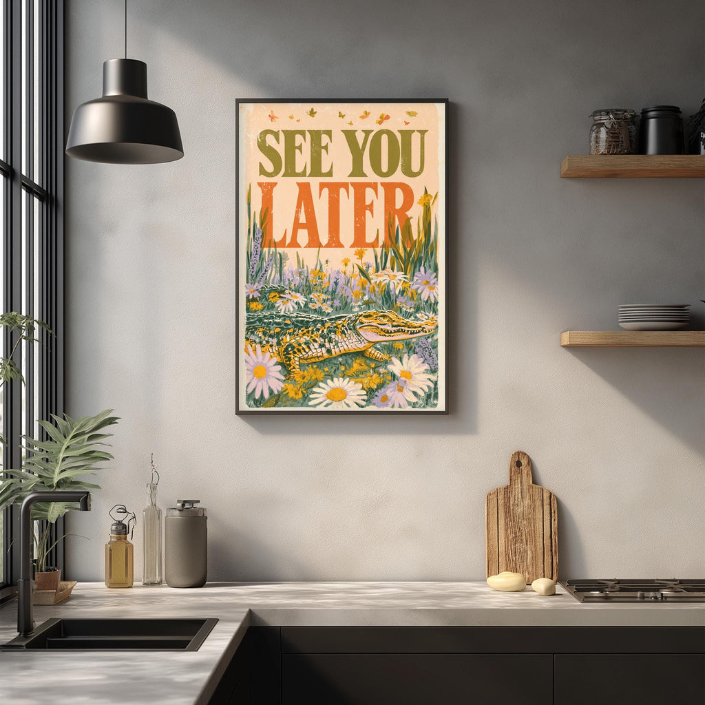 a framed poster with a vibrant floral design hanging on a wall above a kitchen counter.