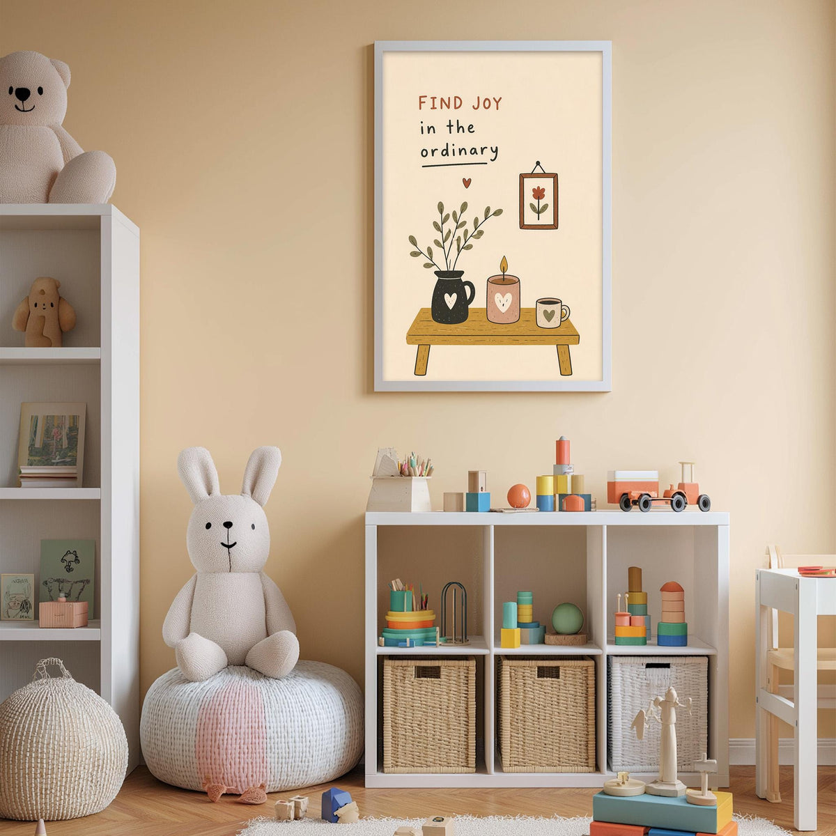 A cozy children's room with a white bookshelf, a plush rabbit, and a colorful toy box filled with toys. Above the bookshelf, there is a framed poster with the text "Find joy in the ordinary" and an illustration of a table with various items on it.