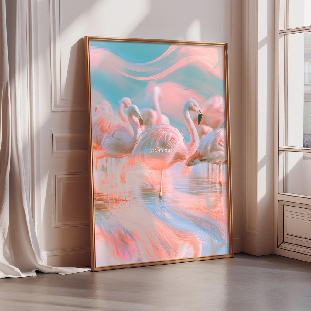 A large framed poster depicting a group of pink flamingos standing in a body of water, with a blue sky and clouds in the background.