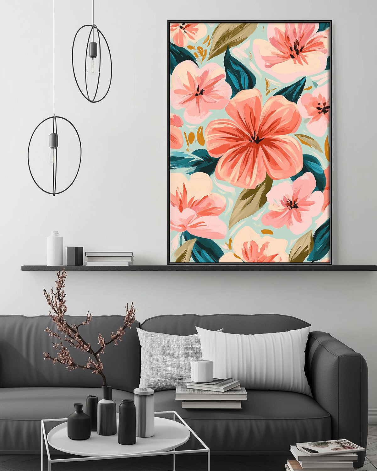a modern living room with a gray sofa, a coffee table, and a large floral print hanging on the wall above the sofa.