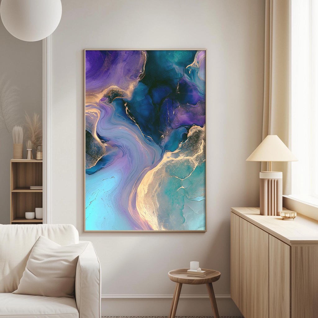 a large abstract painting hanging on a white wall in a living room. The painting has a vibrant mix of blue, purple, and green colors, creating a visually striking and dynamic composition. The room is furnished with a white sofa, a wooden side table, and a lamp, creating a cozy and inviting atmosphere.