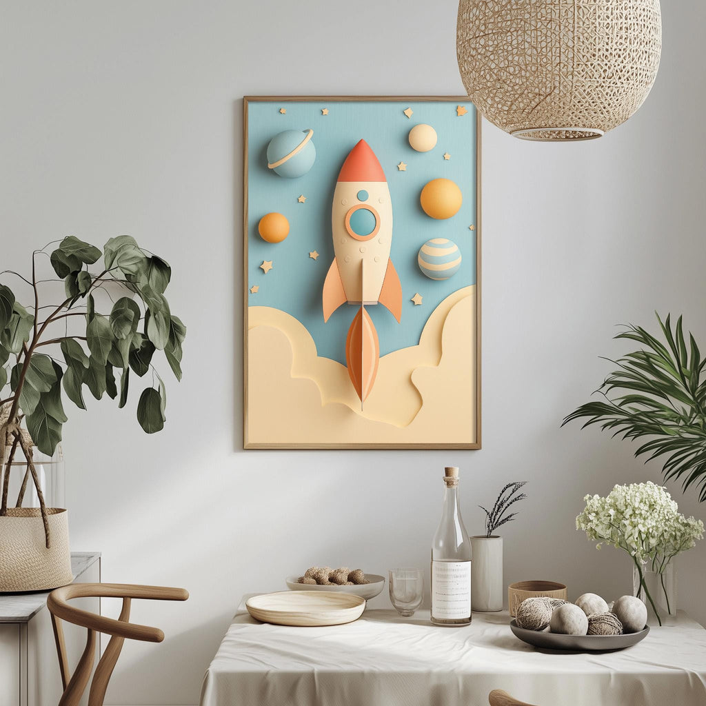 a dining table with a white tablecloth, a bowl of fruit, a bottle, and a vase with flowers. Above the table, there is a framed artwork depicting a rocket ship in space, surrounded by planets and stars.