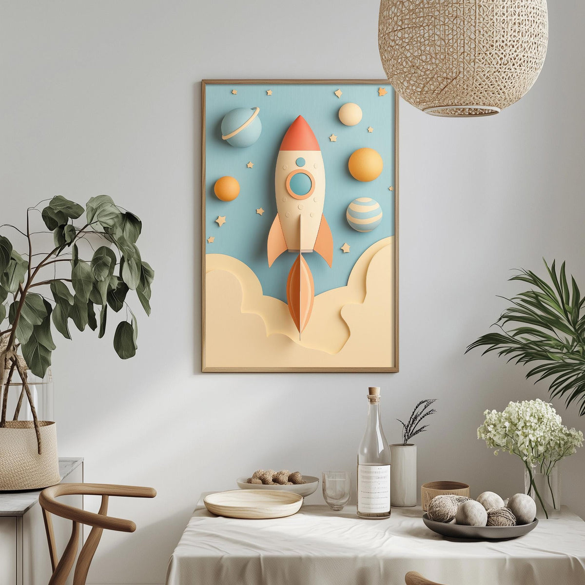 a dining table with a white tablecloth, a bowl of fruit, a bottle, and a vase with flowers. Above the table, there is a framed artwork depicting a rocket ship in space, surrounded by planets and stars.