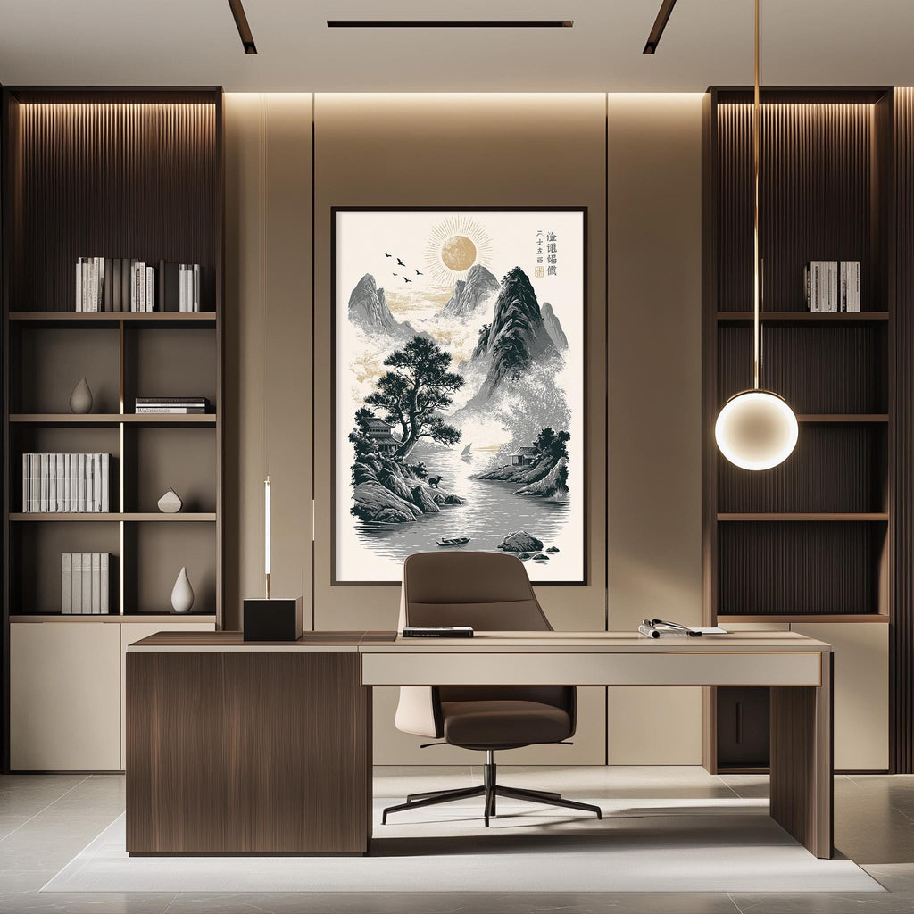 a modern and minimalist office space with a large landscape painting on the wall, a wooden desk with a chair, and built-in bookshelves.