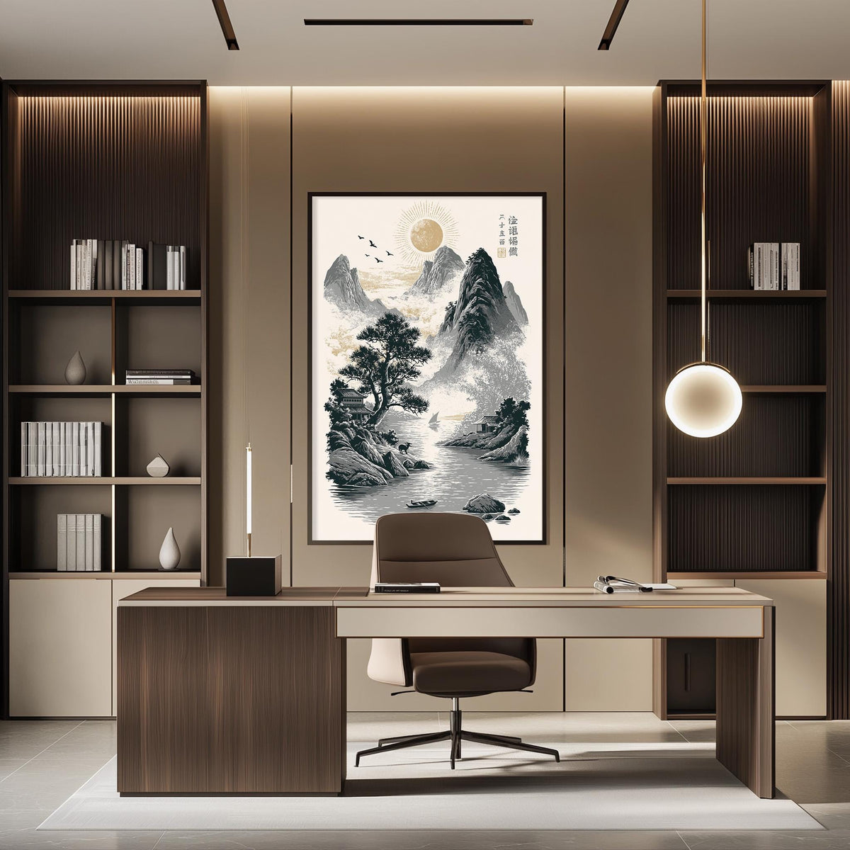 a modern and minimalist office space with a large landscape painting on the wall, a wooden desk with a chair, and built-in bookshelves.