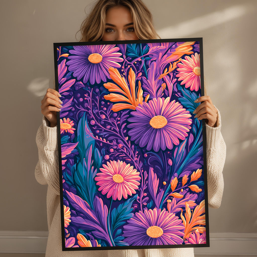 A woman holds up a framed poster with a vibrant floral design featuring purple, orange, and pink flowers and leaves.