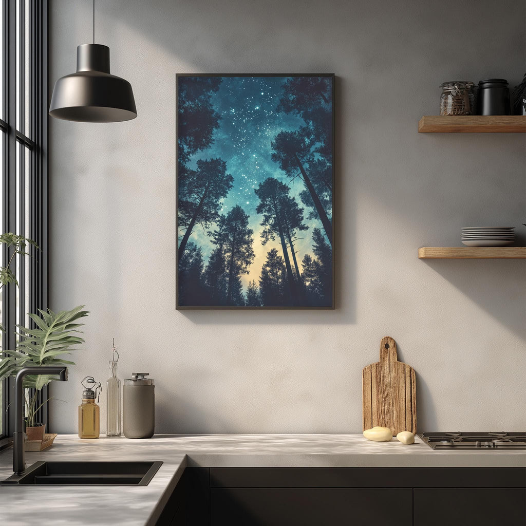 a kitchen counter with a framed picture of a starry night sky above it, along with various kitchen items such as a cutting board, a plant, and a sink.
